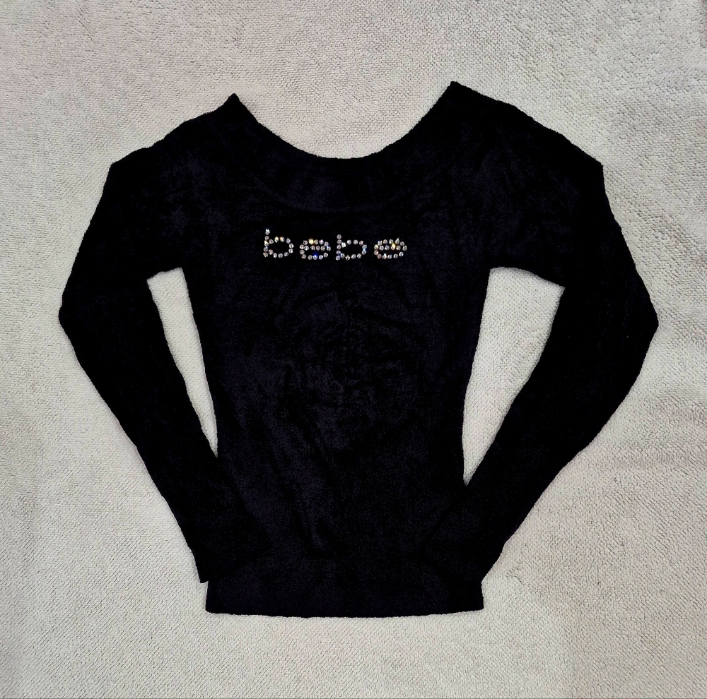 Bebe Swarovski Crystal Logo Black Chenille Long Sleeve Sweater - Small.